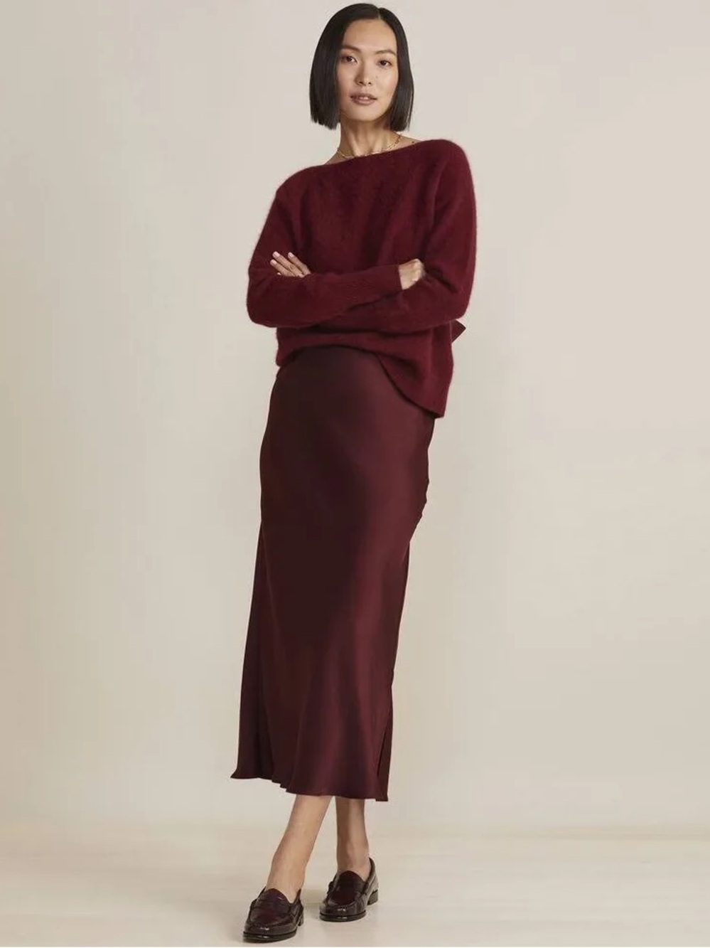 NWT Burgundy Wine Satin Midi Maxi Slip Skirt with slit - Vineyard Vines Sz L